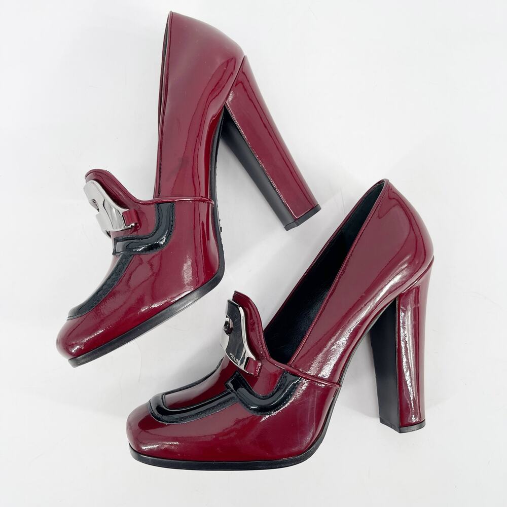 Prada Fall 2010 Burgundy Patent Leather Loafer Square Toe Block Heels IT 39.5 - Picture 5 of 16